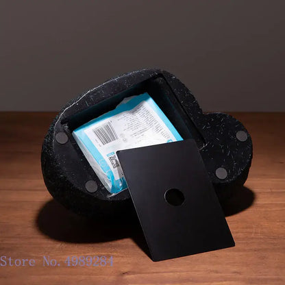 Modern rock textured black stone-shaped soap dish with matte finish and circular cutout for decorbites golden bird tissue box