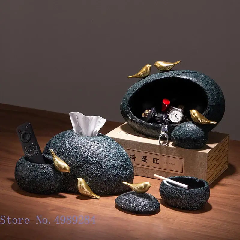 Modern rock textured black tissue box featuring decorbites golden bird resin accents for elegant living room decor