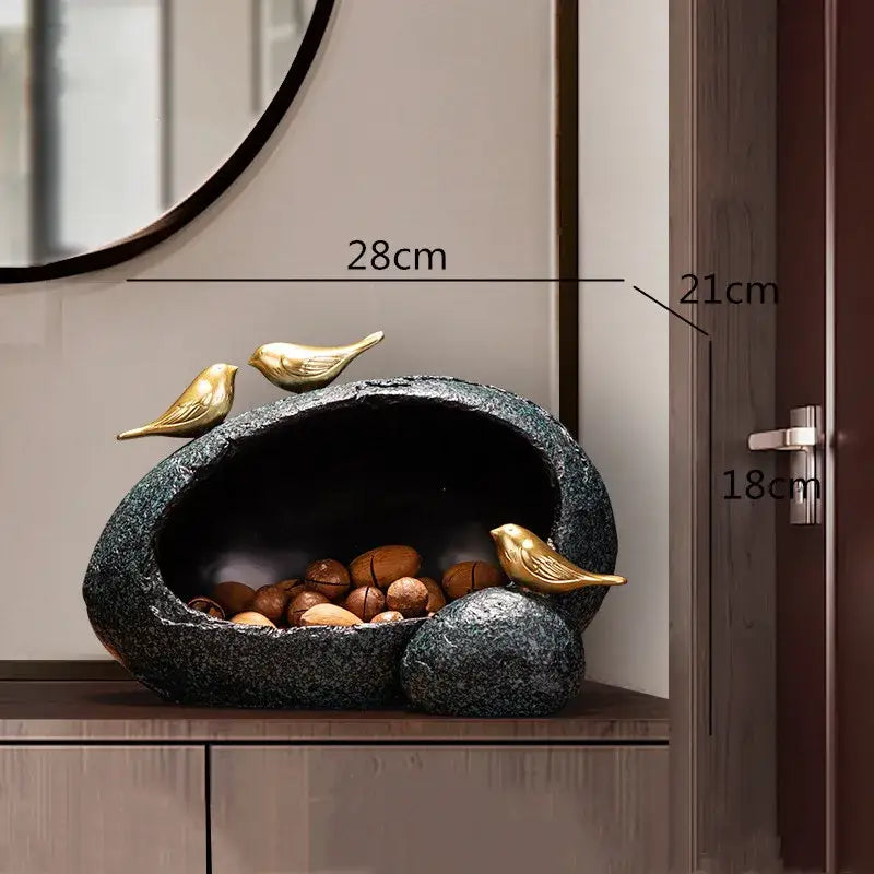 Modern rock textured black stone tissue box with decorbites golden bird resin figurines for elegant living room decor