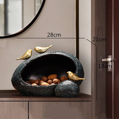 Modern rock textured black stone tissue box with decorbites golden bird resin figurines for elegant living room decor