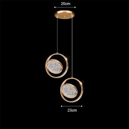 Modern rose gold acrylic led chandelier pendant light featuring gold-toned circular pendant light with crystal centers