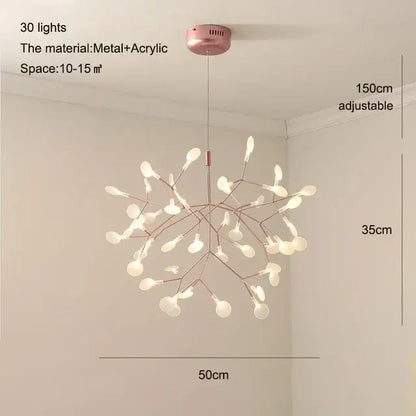 Modern rose gold and black pendant light with 30 frosted acrylic light sources in a branching tree design for dining room