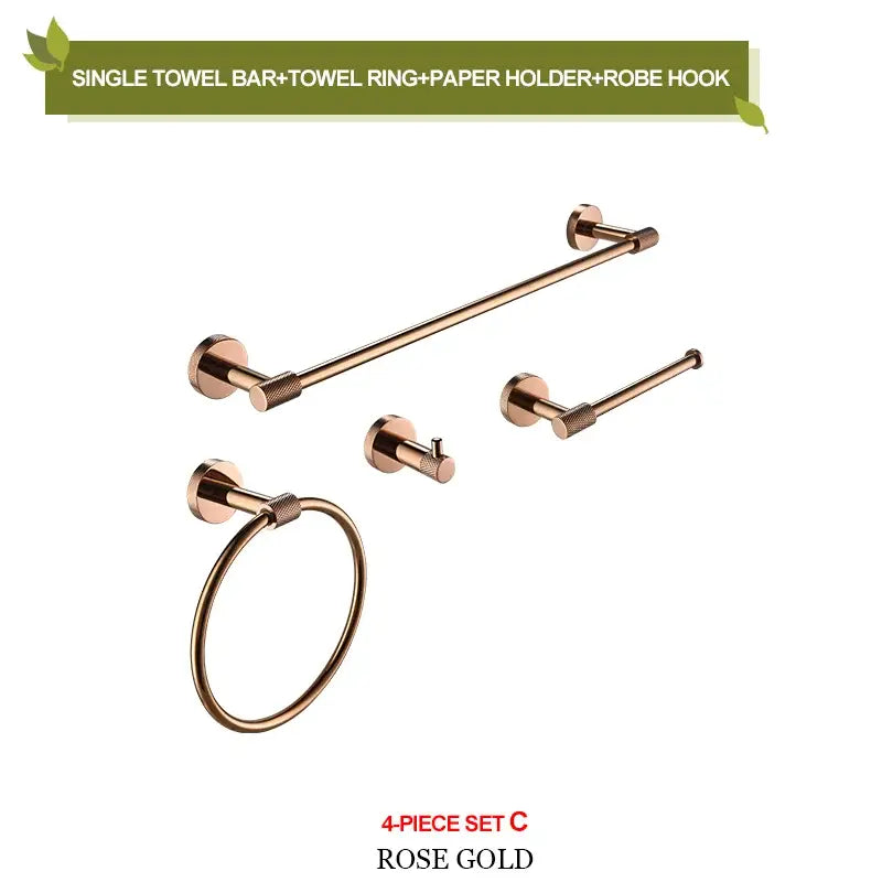 Modern rose gold stainless steel bathroom hardware set with towel bar ring paper holder and robe hook by decorbites bathroom accessories