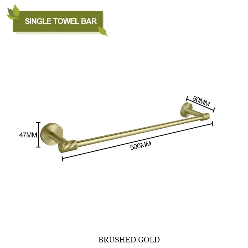 Brushed gold stainless steel single towel bar with modern sleek design and textured mounting hardware from decorbites bathroom accessories