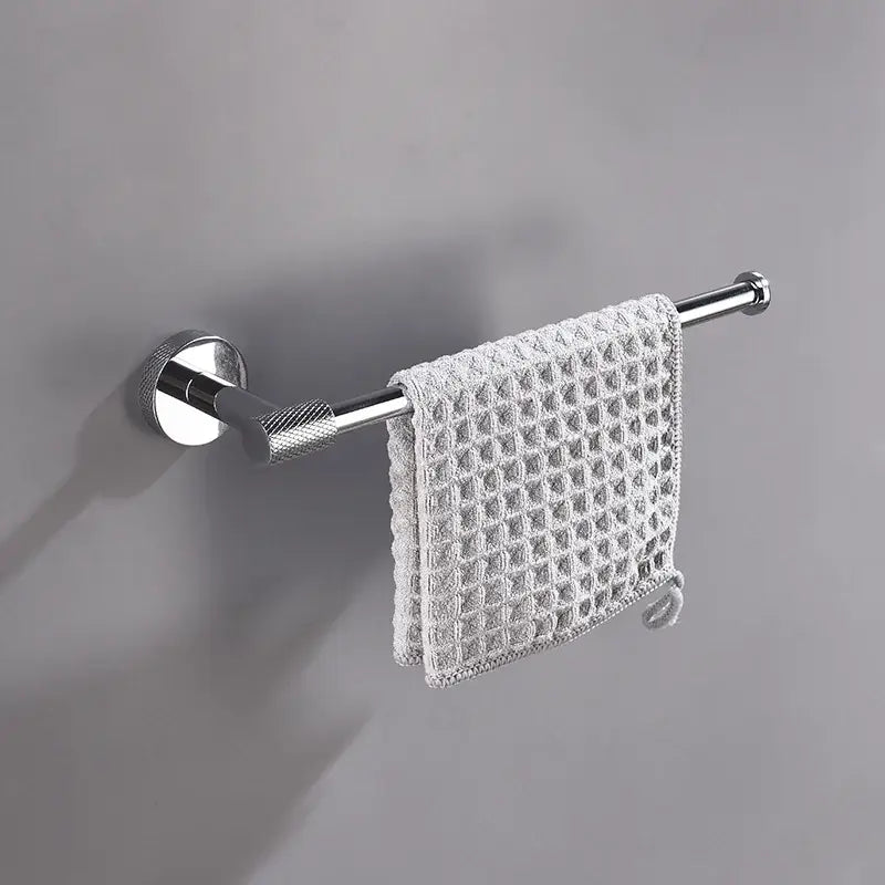 Modern rose gold and brushed gold stainless steel double towel rack with textured grip and white waffle-weave towel decorbites bathroom accessories
