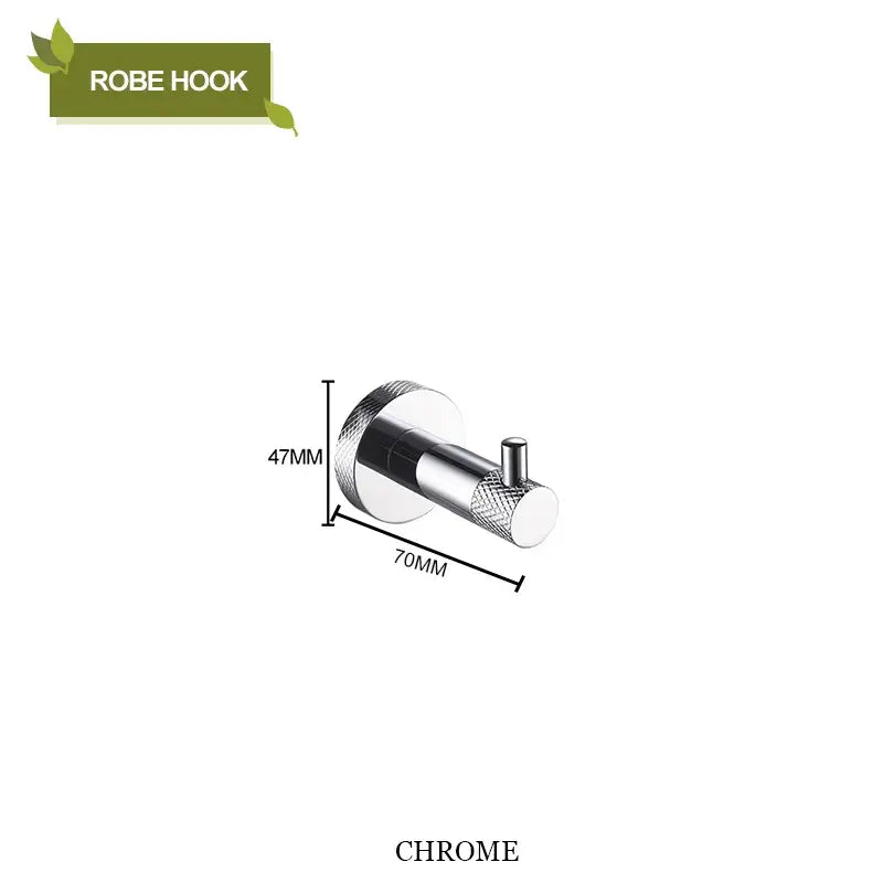 Chrome-finished stainless steel robe hook with textured knurled grip and sleek cylindrical design for decorbites bathroom accessories