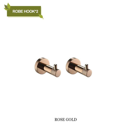 Modern rose gold stainless steel robe hooks with textured knurled knobs in decorbites bathroom accessories design