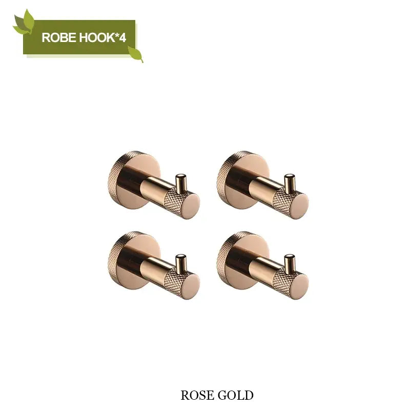 Set of four rose gold stainless steel robe hooks with textured knurled knobs for decorbites bathroom accessories