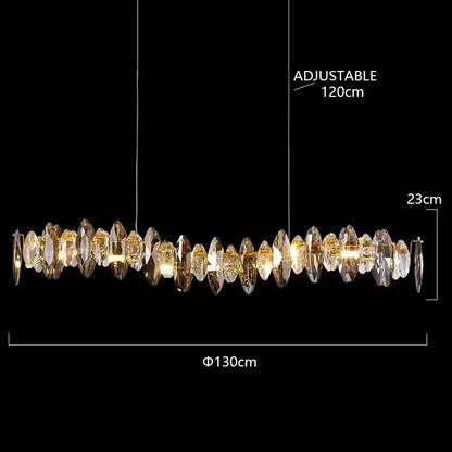 A modern rose gold pendant light with adjustable crystal dimmable led elements for elegant dining room decorbites lighting