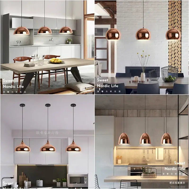 Modern rose gold pendant lights with copper finish and sleek design for dining room island decor by decorbites rose gold