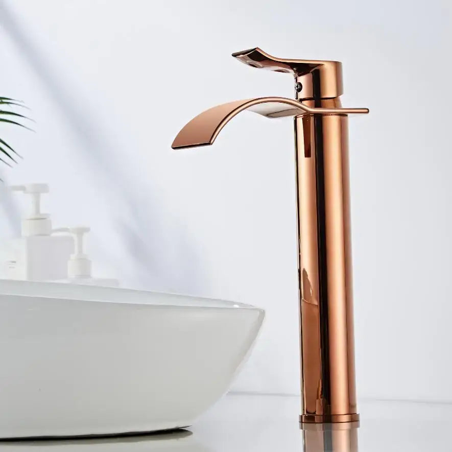 Modern rose gold single hole basin faucet with high-arc waterfall design and durable housing material for bathroom use