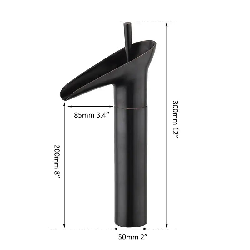 Modern rose gold waterfall bathroom faucet with single handle and sleek black matte-finish waterfall design