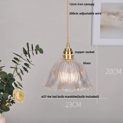 Modern rose orange and creamy white glass led pendant light featuring clear ribbed glass and brass copper socket