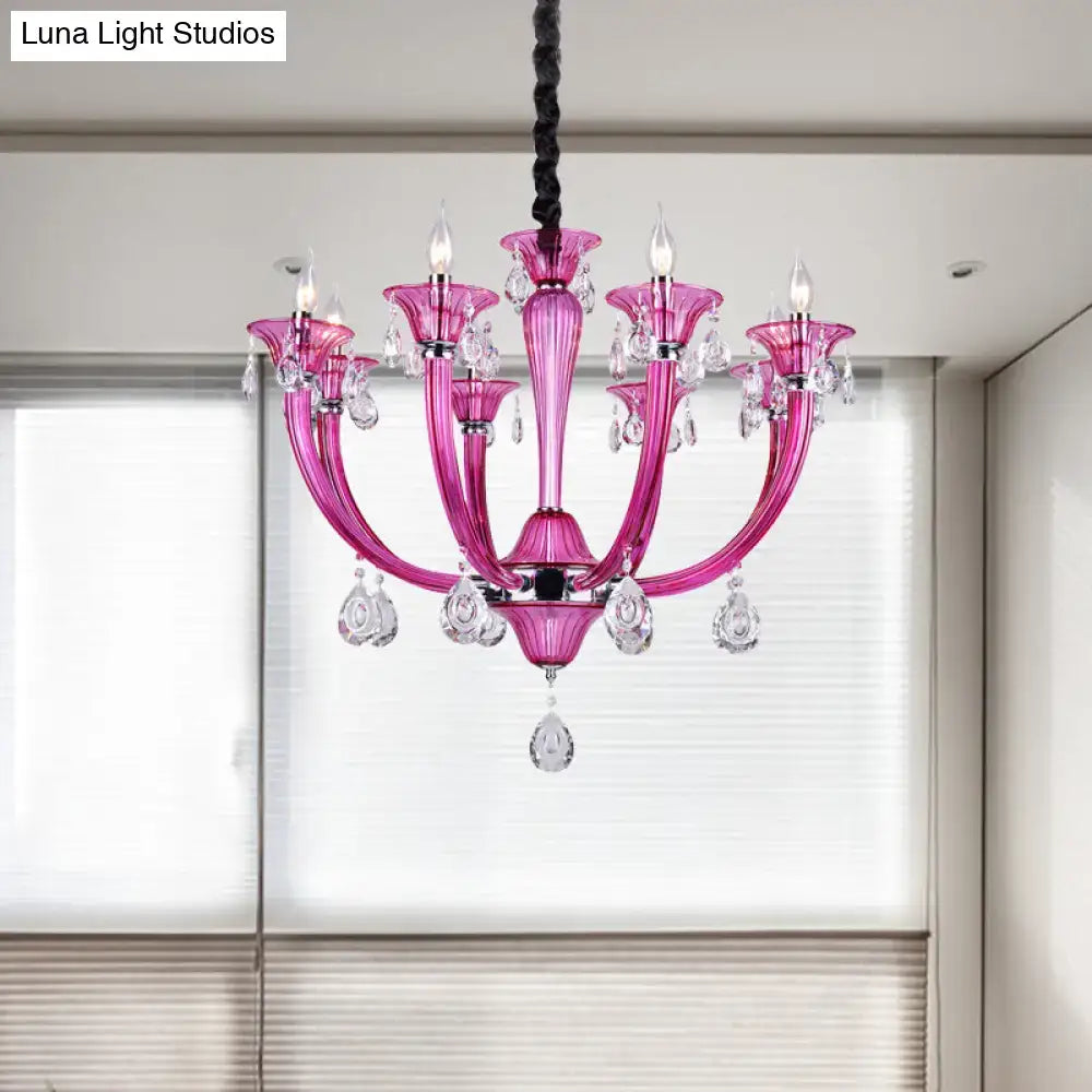 Decorbites modern rose red glass chandelier with crystal draping and chrome accents for living room lighting