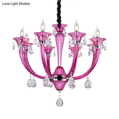 Decorbites modern rose red glass chandelier with crystal draping and chrome accents for living room lighting