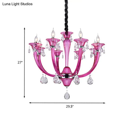 DecorBites™ modern rose red glass chandelier with crystal droplets and black braided cord for living room lighting