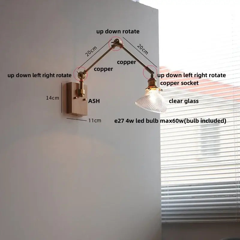 Adjustable copper wall light fixture with clear glass shade and e27 led bulb for modern stair lighting