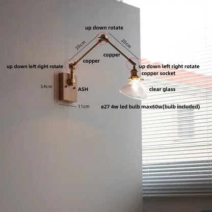 Adjustable copper wall light fixture with clear glass shade and e27 led bulb for modern stair lighting