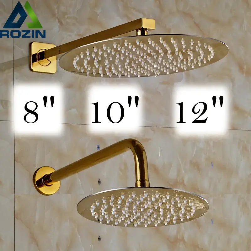 Modern round gold ultrathin rainfall shower head set with multiple nozzles and curved arm for bathroom use