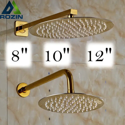 Modern round gold ultrathin rainfall shower head set with multiple nozzles and curved arm for bathroom use