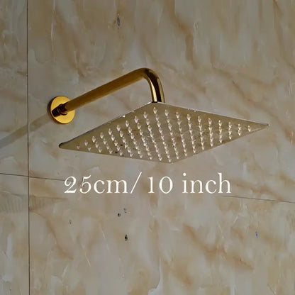 Modern gold ultrathin square shower head set with curved arm and small nozzles for rainfall bathroom use