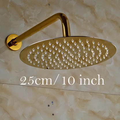Modern round gold ultrathin rainfall shower head set with sleek metallic finish and multiple nozzles for bathroom use