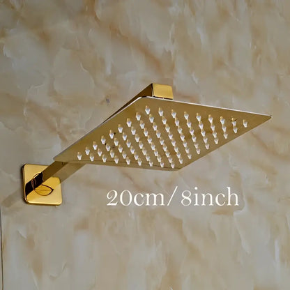 Modern gold ultrathin square shower head set with sleek metallic finish and evenly spaced spray nozzles for bathroom use