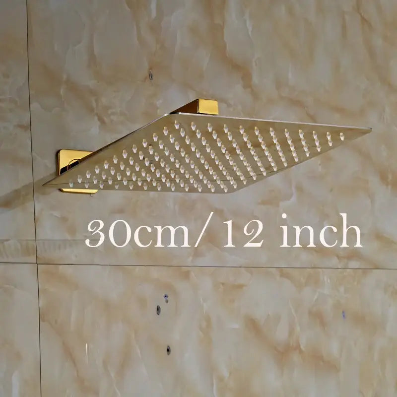 Modern gold ultrathin square shower head set with grid nozzles and matching wall mount for bathroom use