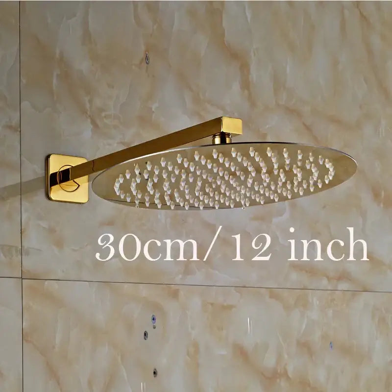 Modern round gold ultrathin rainfall shower head set with 30cm metallic finish and crystal-like nozzles for bathroom use