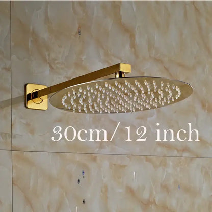 Modern round gold ultrathin rainfall shower head set with 30cm metallic finish and crystal-like nozzles for bathroom use