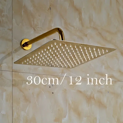 Modern round gold ultrathin square shower head set with small nozzles and curved mounting arm for bathroom use