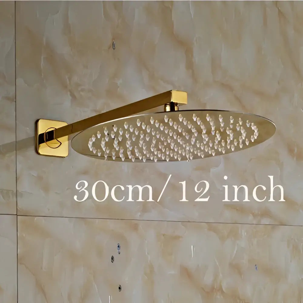 Modern round gold shower head set with ultrathin metallic finish and multiple water spray nozzles for bathroom use