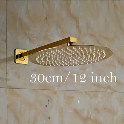 Modern round gold shower head set with ultrathin metallic finish and multiple water spray nozzles for bathroom use