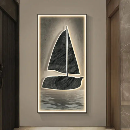 Modern black marble sailboat led wall lamp with illuminated frame for elegant living room decor and ambient lighting