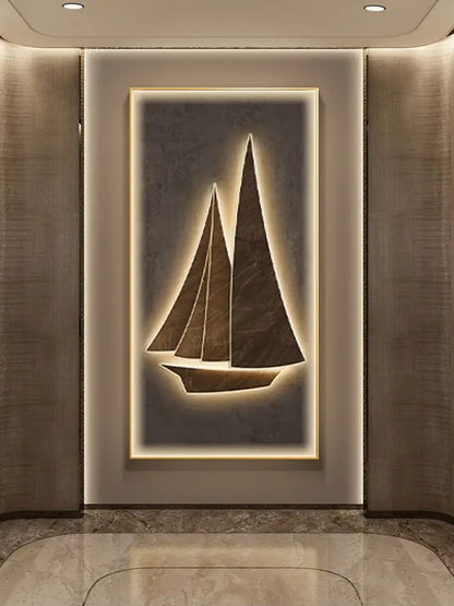 A modern led wall lamp with a dark brown stone sailboat silhouette on textured gray background for living room decor