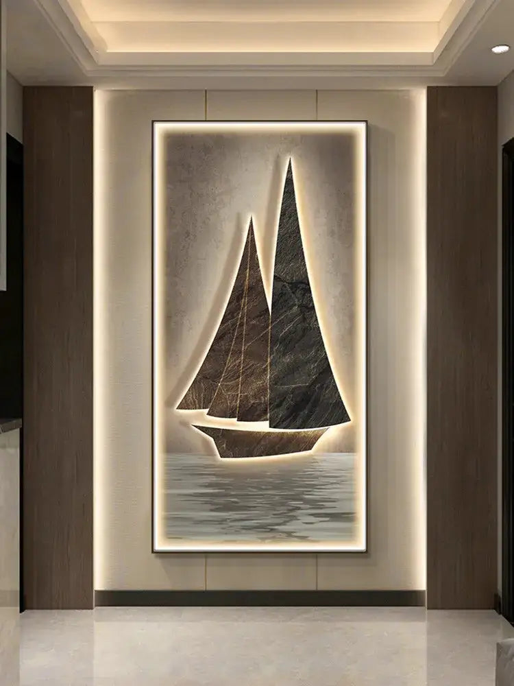 Modern sailboat stone led wall lamp with framed stylized sailboat artwork featuring dark textured sails for living room decor
