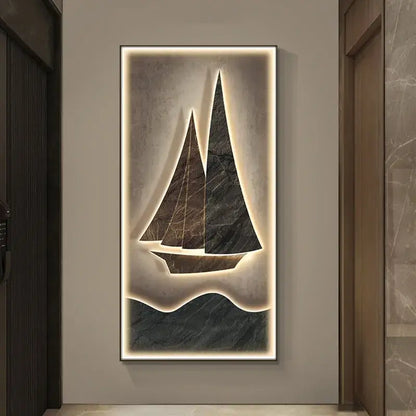 Modern illuminated wall lamp featuring a dark marble sailboat design with led backlighting for living room decor