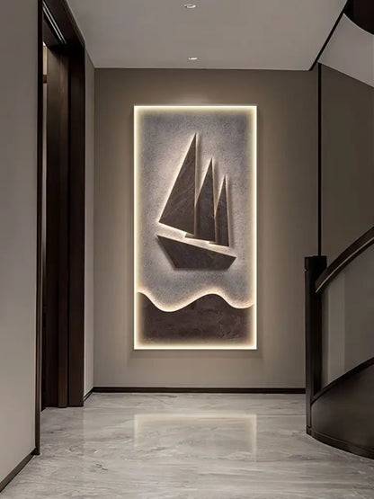 Modern sailboat stone led wall lamp in dark gray tones with textured design and backlight for living room decor