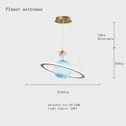 Modern saturn space star astronaut pendant lamp with blue planet light white ring gold astronaut and brass mount for boys bedroom