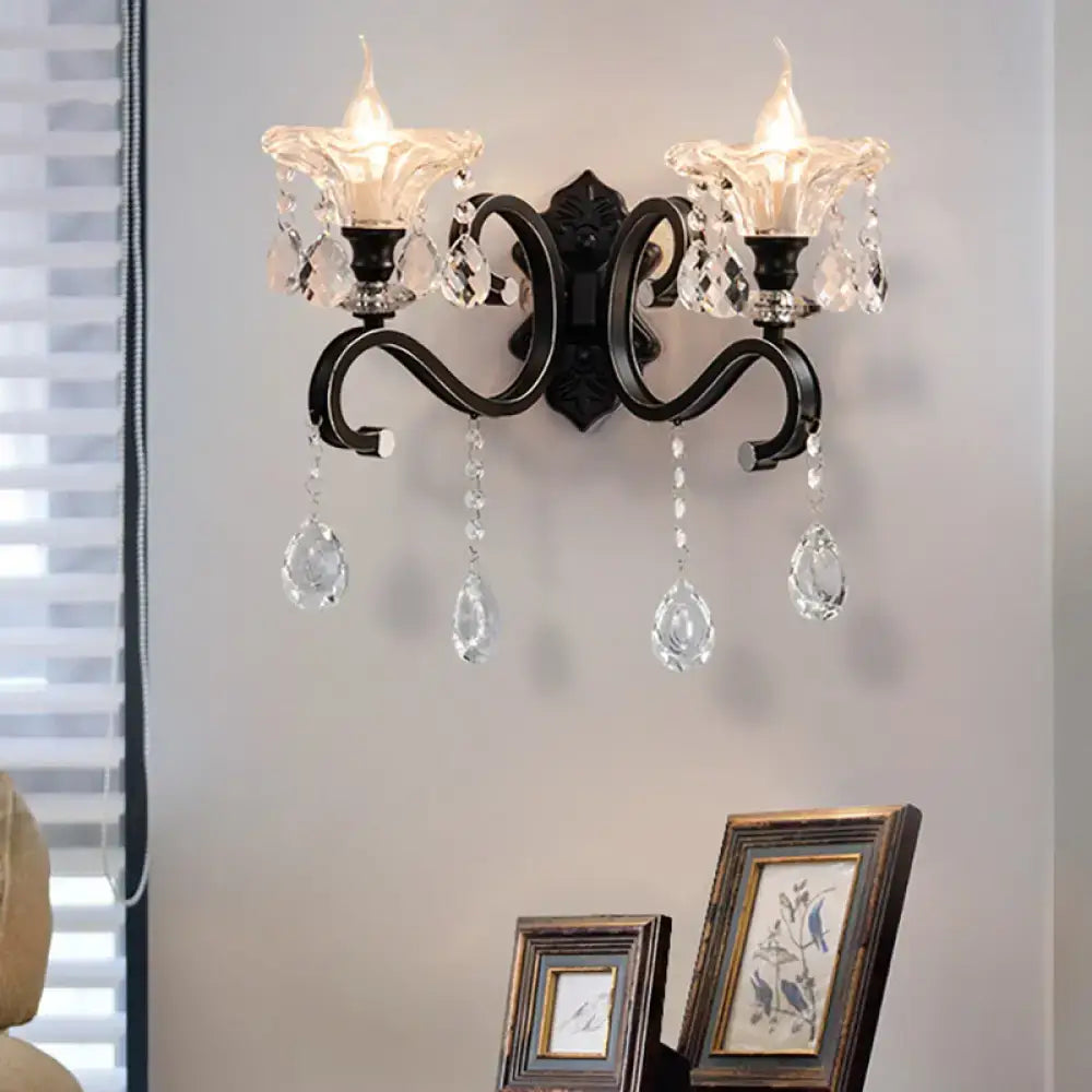 Black wrought iron modern scalloped wall lamp with curved arm and direct wired crystal chandelier lights for bedroom