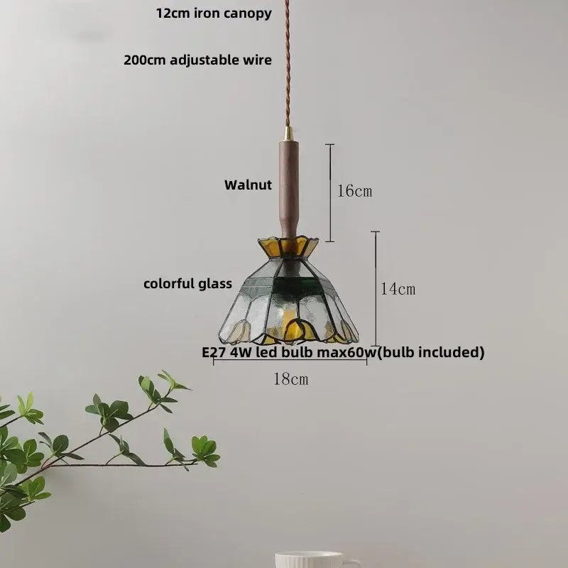 Modern scalloped floral ceramic led pendant light with walnut stem iron canopy and colorful stained glass shade decorbites ceramic led