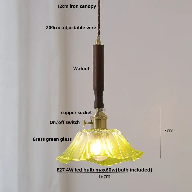Modern scalloped floral decorbites ceramic led pendant light with grass green glass and walnut iron canopy for kitchen decor