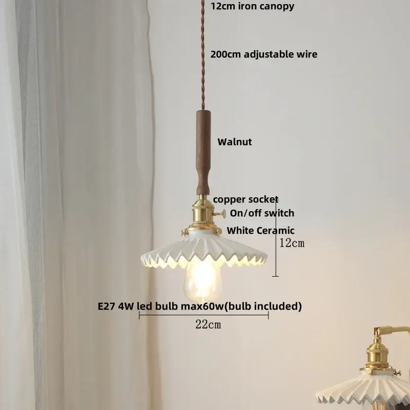 Modern scalloped floral ceramic led pendant light with walnut wood canopy and brass copper socket for kitchen decorbites ceramic led decor