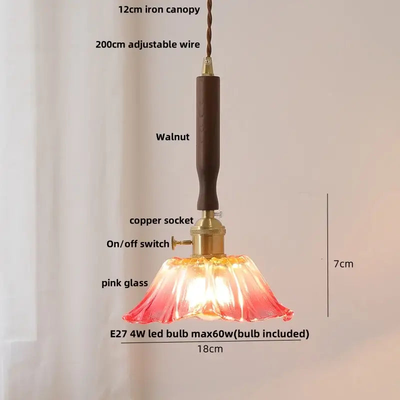 Modern scalloped floral decorbites ceramic led pendant light with pink glass, walnut iron canopy, and copper socket for kitchen decor