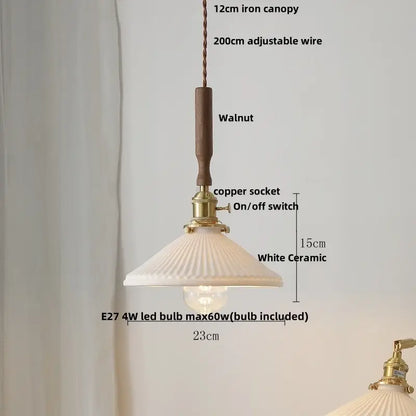 Modern scalloped floral ceramic led pendant light with white fluted ceramic and walnut wooden handle for decorbites decor