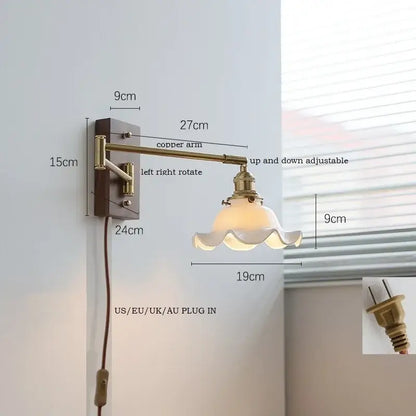 Adjustable copper arm wall light with frosted scalloped glass shade for bedroom reading by decorbites ceramic led