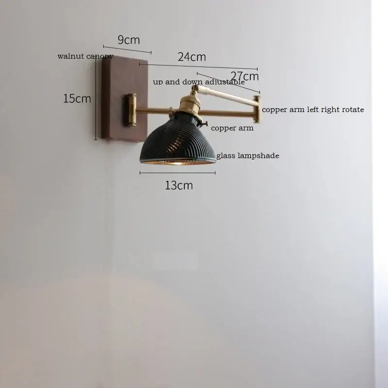 Modern scalloped glass wall light with copper arm and dark glass shade on walnut canopy for bedroom reading decorbites ceramic led