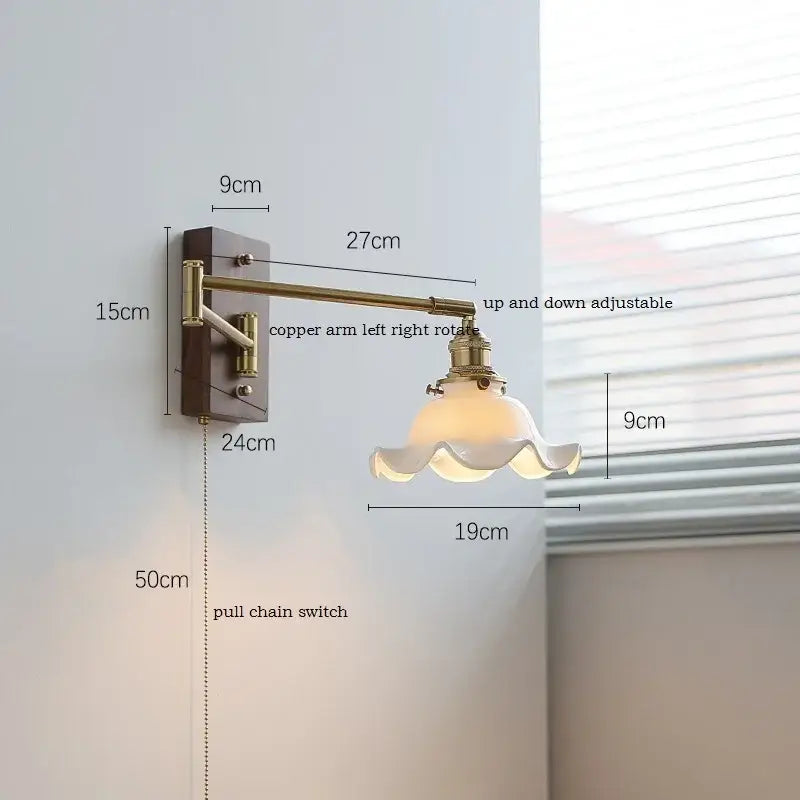 Modern scalloped glass and brass wall light with adjustable copper arm and fluted translucent shade for bedroom reading lamp decorbites ceramic led