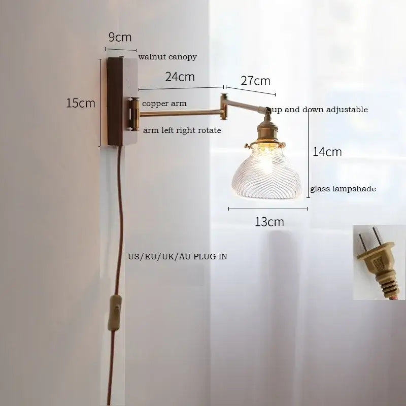 Adjustable wall light with copper arm, walnut canopy, and textured glass lampshade for decorbites ceramic led lighting