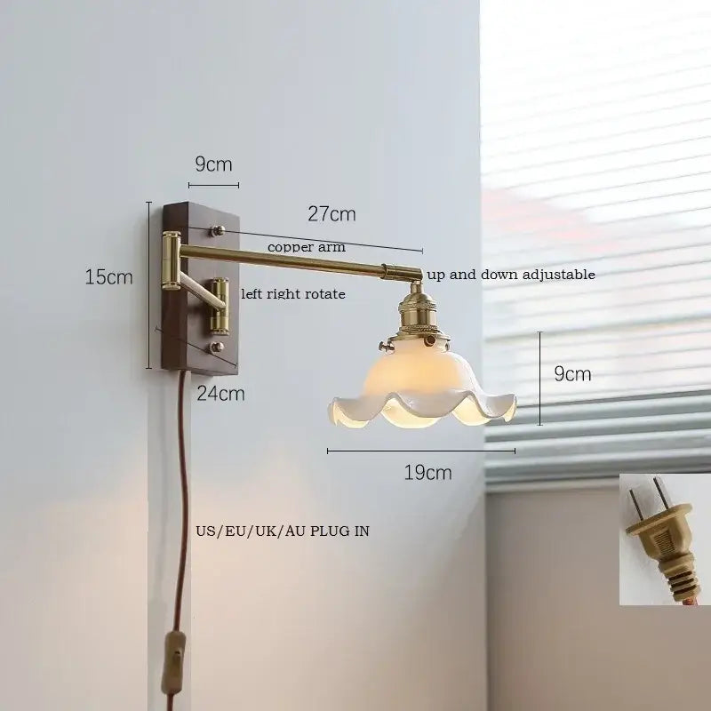 Adjustable copper arm wall light with frosted scalloped glass shade ideal for bedroom reading decorbites ceramic led